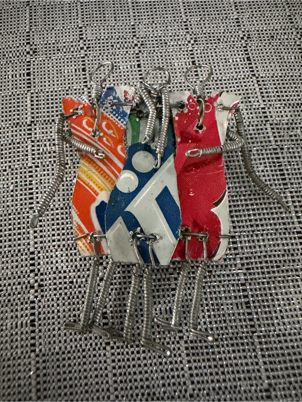Vintage Colorful Recycled Metal Pin - Red, Blue, Orange Three Sisters